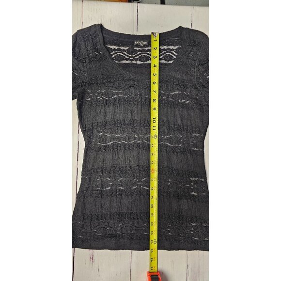 EXPRESS S BLACK FLORAL LACE SEMI SHEER LONG SLEEVE BLOUSE TOP - Picture 2 of 12